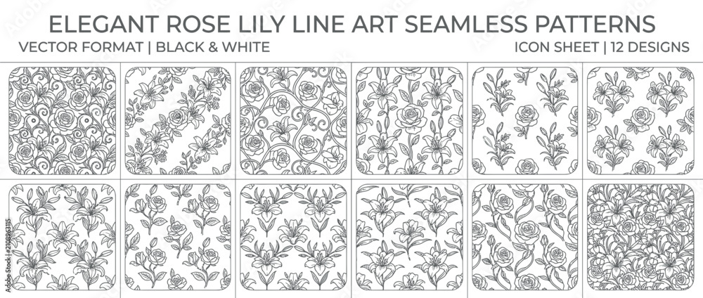 Obraz premium Elegant Floral Line Art Seamless Patterns - Black and White