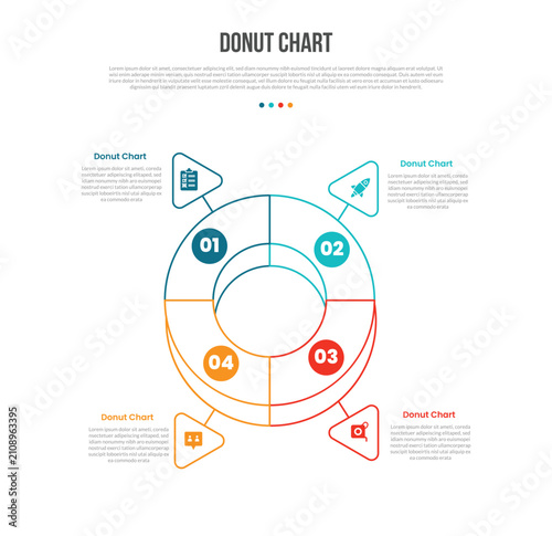 Donut chart infographic template with 4 point quarter segment donut ring with center hole for slide presentation