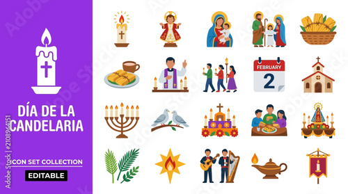 Tableau sur toile Candlemas day icon set with religious symbols and traditional food
