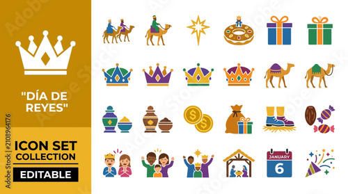 Billede på lærred Epiphany holiday and three kings day celebration flat icon set
