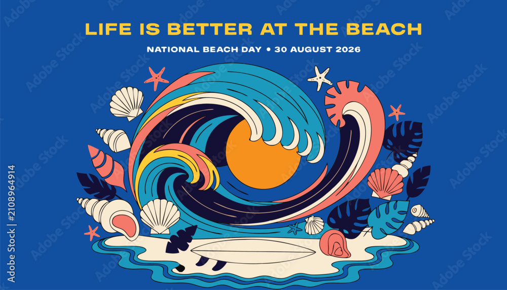 Fototapeta premium National beach day illustration with wave, sun, and seashells