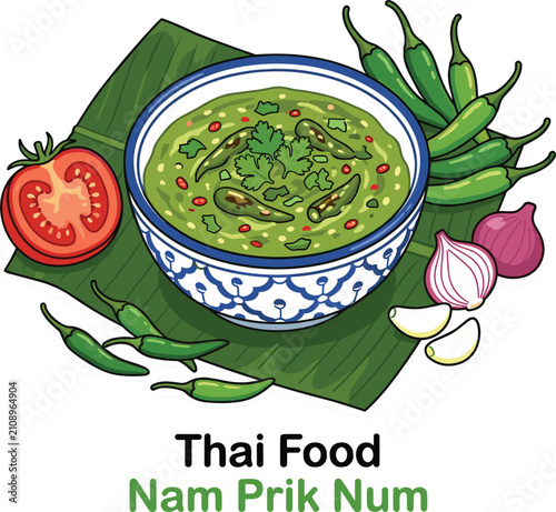 Cuadro en lienzo Thai food nam prik num green chili dip illustration with banana leaf tomato onio