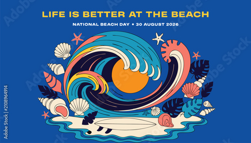 National beach day illustration with wave, sun, and seashells