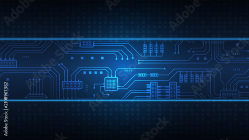 Abstract futuristic vector background featuring glowing blue circuit board traces central microchip processor electronic nodes digital data connections on dark navy background