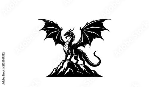 Quadro su tela Majestic black dragon perched on rocky outcrop fantasy illustration