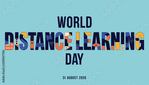 World distance learning day typography design with colorful geometric elements