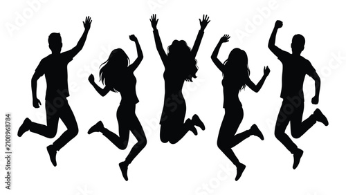 Photos Group of young people jumps in the air to celebrate a moment of pure joy and collective happiness