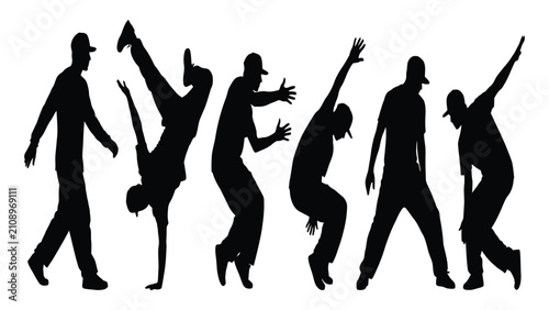 Fotografía Breakdance performers are displayed as a series of dynamic black silhouettes showcasing urban street dance culture and energetic movement