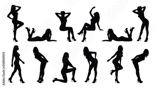 Schilderij op canvas Women in various poses are represented as a collection of black silhouettes showcasing diverse body language and fashion stances
