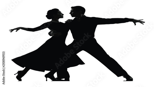 Photos Ballroom dancers in a formal embrace perform an elegant dance step captured in a clean black silhouette design