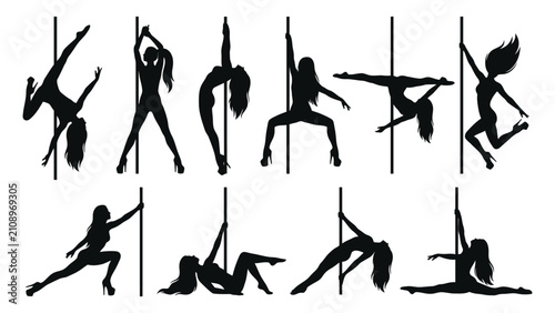 Pole dancers display athletic strength and flexibility in this set of artistic black silhouettes.