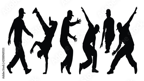 Фотография Dancers performing breakdance moves are displayed as a collection of black silhouettes on a white background