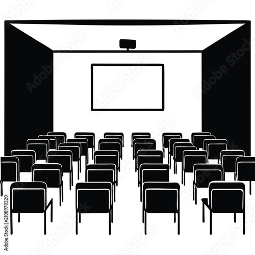 Empty lecture hall with chairs and projector screen