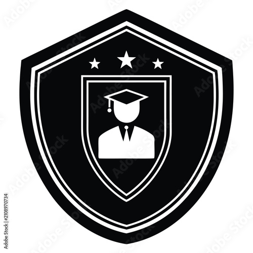 Graduation cap icon in shield with stars