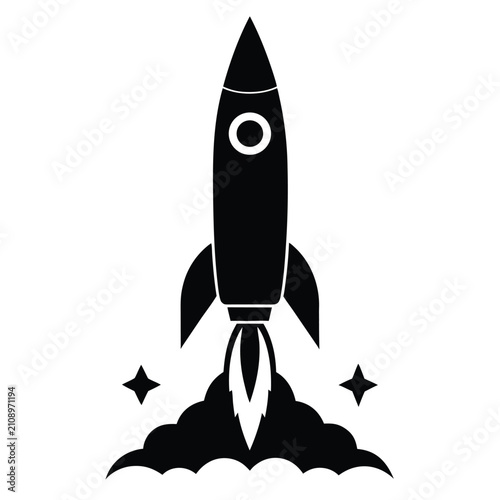 Black rocket launching with flame and stars