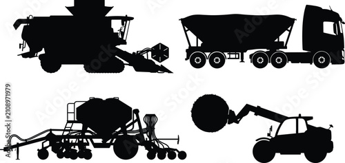 Konstfotografi Agricultural machinery silhouette collection featuring combine harvester, grain