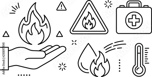 Schilderij op canvas Fire safety emergency line icon set with flammable warning sign first aid kit ha