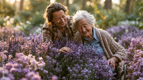 Senior Woman Enjoying Sensory Garden With Caregiver