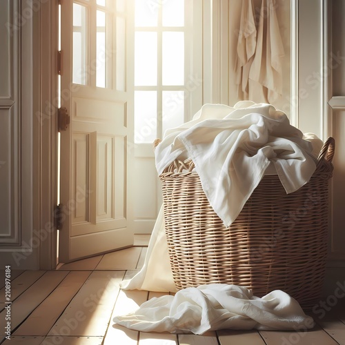 A woven rattan laundry basket overflowing with fresh white linen sheets placed in a bright hallway next to an open door, Ai generated image
