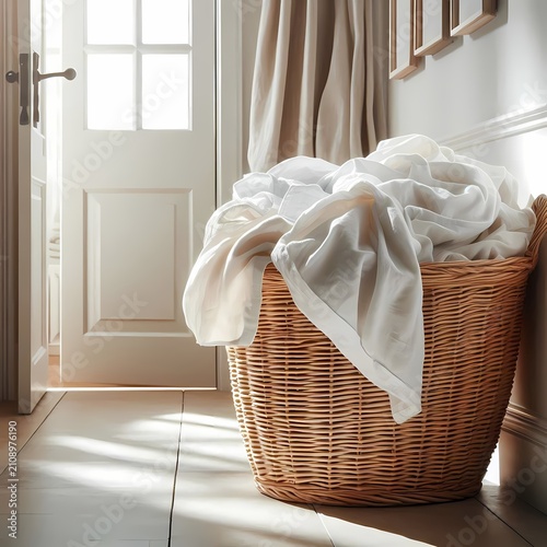 A woven rattan laundry basket overflowing with fresh white linen sheets placed in a bright hallway next to an open door, Ai generated image