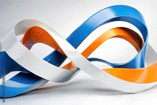 Abstract 3D shape with blue, orange and white bands, forming a Mobius strip loop, with a light gray background