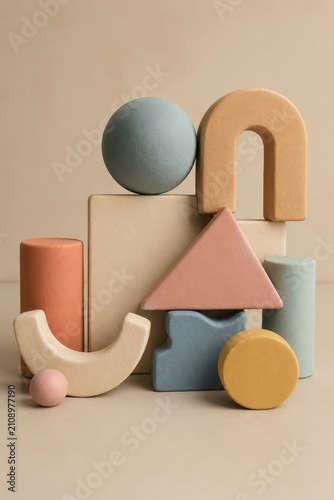 Montessori wooden toys, pastel color geometric shapes, baby learning blocks