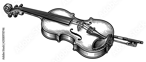 Bild auf Leinwand Engraved Stringed Musical Instrument with Bow