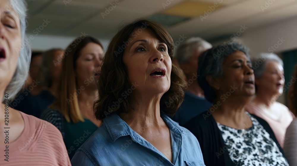 Obraz premium A group of women sing together indoors with focused expressions and varied hairstyles under soft overhead lighting