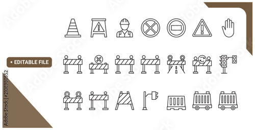 Bild auf Leinwand Collection of road construction and traffic safety icons with barriers, cones, and warning signs