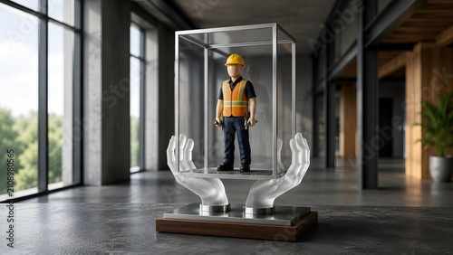 Occupational health protection concept showing construction worker inside glass shield supported by hands symbolizing workplace safety and insurance