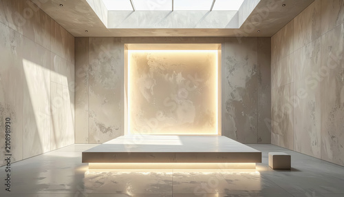 Minimalist interior design with a raised platform and soft ambient lighting