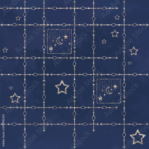 Celestial Night Sky with Stars and Moon Grid Background