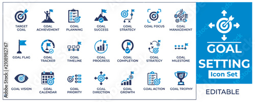 Professional goal setting and strategic planning icon set for business development success