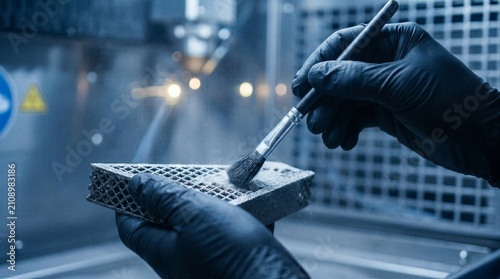 Technician hands in black gloves brushing metal powder off lattice structured 3D printed part during post processing in additive manufacturing facility
