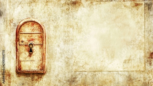 Vintage textured wall background featuring antique door keyhole frame with parchment paper space.