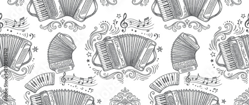 Konstfotografi Hand Drawn Accordion Musical Instrument Pattern with Notes