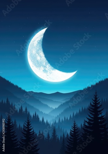 A glowing crescent moon hangs above a quiet forest landscape where silhouettes of pine trees meet a misty valley under a deep blue sky, trees, twilight, silhouettes