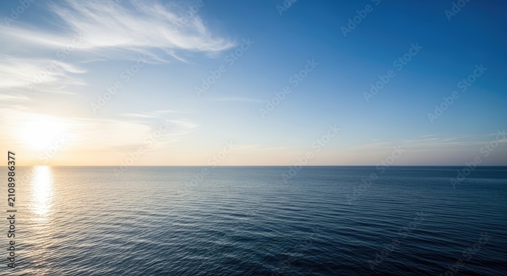 Fototapeta premium The sun rises over a calm ocean, creating a shimmering reflection on the water. Wispy clouds drift across a clear blue sky.