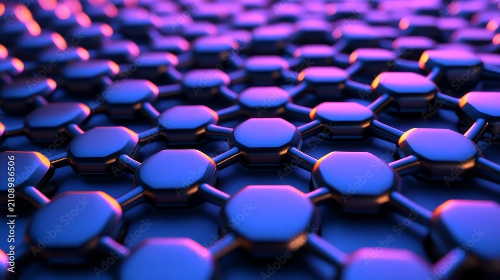 Obraz premium Abstract hexagonal grid pattern featuring neon purple and blue light reflections on metallic surface background texture design.