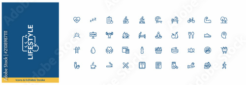 Bild auf Leinwand Minimalist set of healthy lifestyle and wellness vector icons with smooth editab