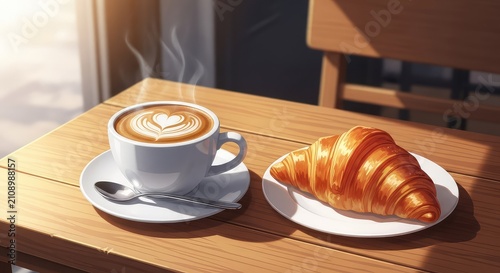 A warm anime illustration of a wooden cafe table holding a steaming ceramic coffee cup and a golden flaky croissant in soft morning light, tea, steam, peaceful