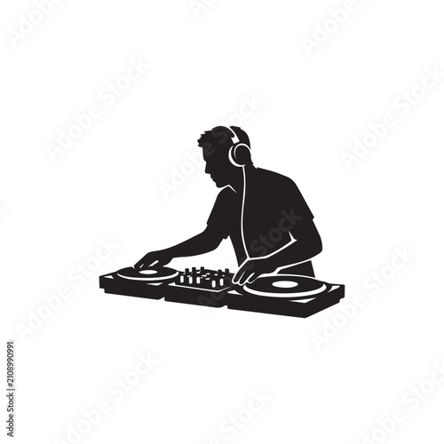 Bild auf Leinwand Professional DJ Mixing Music on Turntables Silhouette Vector