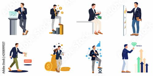 Set of vector illustrations depicting a professional businessman engaged in financial data analysis, cryptocurrency trading, investment planning, and business growth strategies.