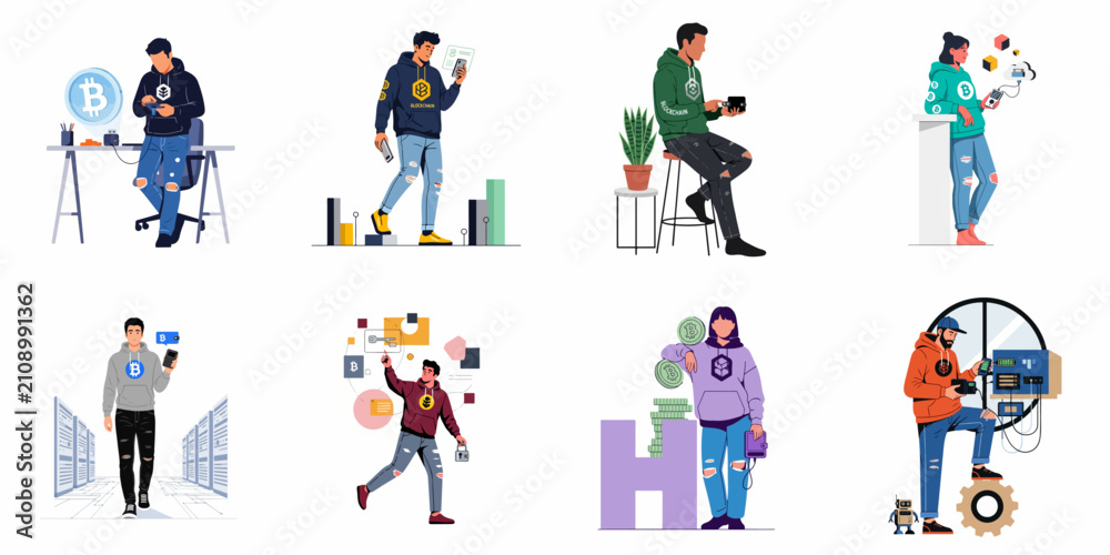 Fototapeta premium Collection of flat vector illustrations depicting individuals engaged in cryptocurrency activities like mining, trading, and managing digital assets on blockchain platforms.