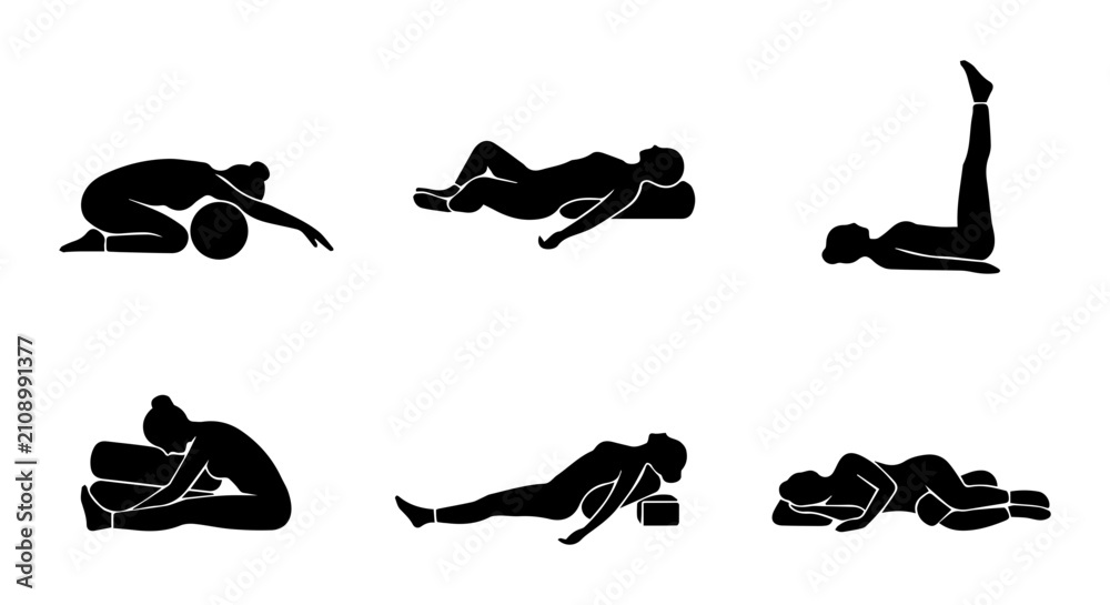 Obraz premium Yoga Poses Vector Silhouettes, Relaxation and Meditation Figures, Wellness and Health Icons