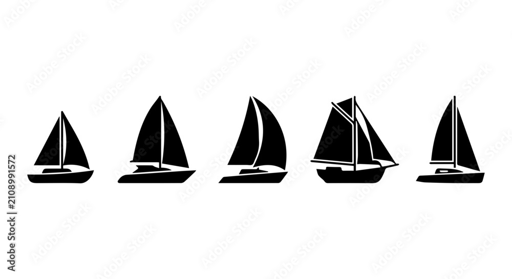 Naklejka premium Set of Five Black Sailboat Icons, Nautical Vector Graphics for Marine and Travel Designs