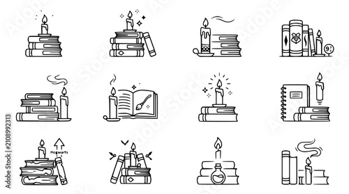 Foto Magical Books and Candles Icons: Fantasy, Wizardry, Knowledge, Mystery