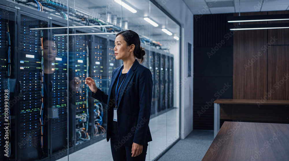 Fototapeta premium Engineer observing server racks for human oversight of ai infrastructure within a high tech data center environment