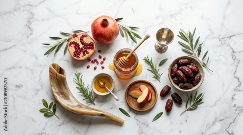 Traditional Rosh Hashanah Symbols on Marble Background with Pomegranate, Honey, Dates, Apple and Shofar for Jewish New Year Celebration