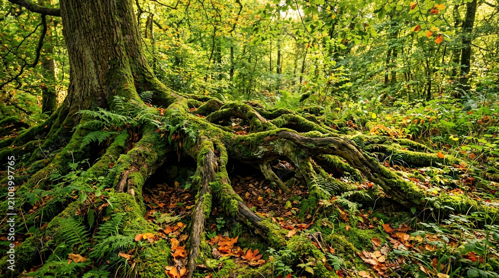 Obraz premium Ancient tree roots covered in moss and ferns, vibrant forest floor, autumn foliage